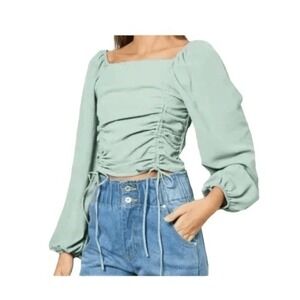Firestar Puff Sleeve Blouse Green Square Neck Ruched Front Smocked Back S